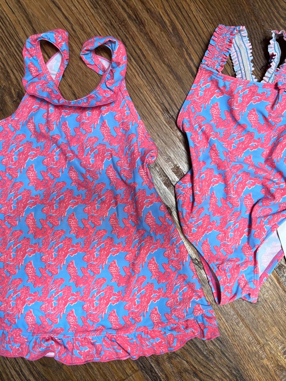 Kids One-Piece Swim Suit in Blue & Coral Fish Print